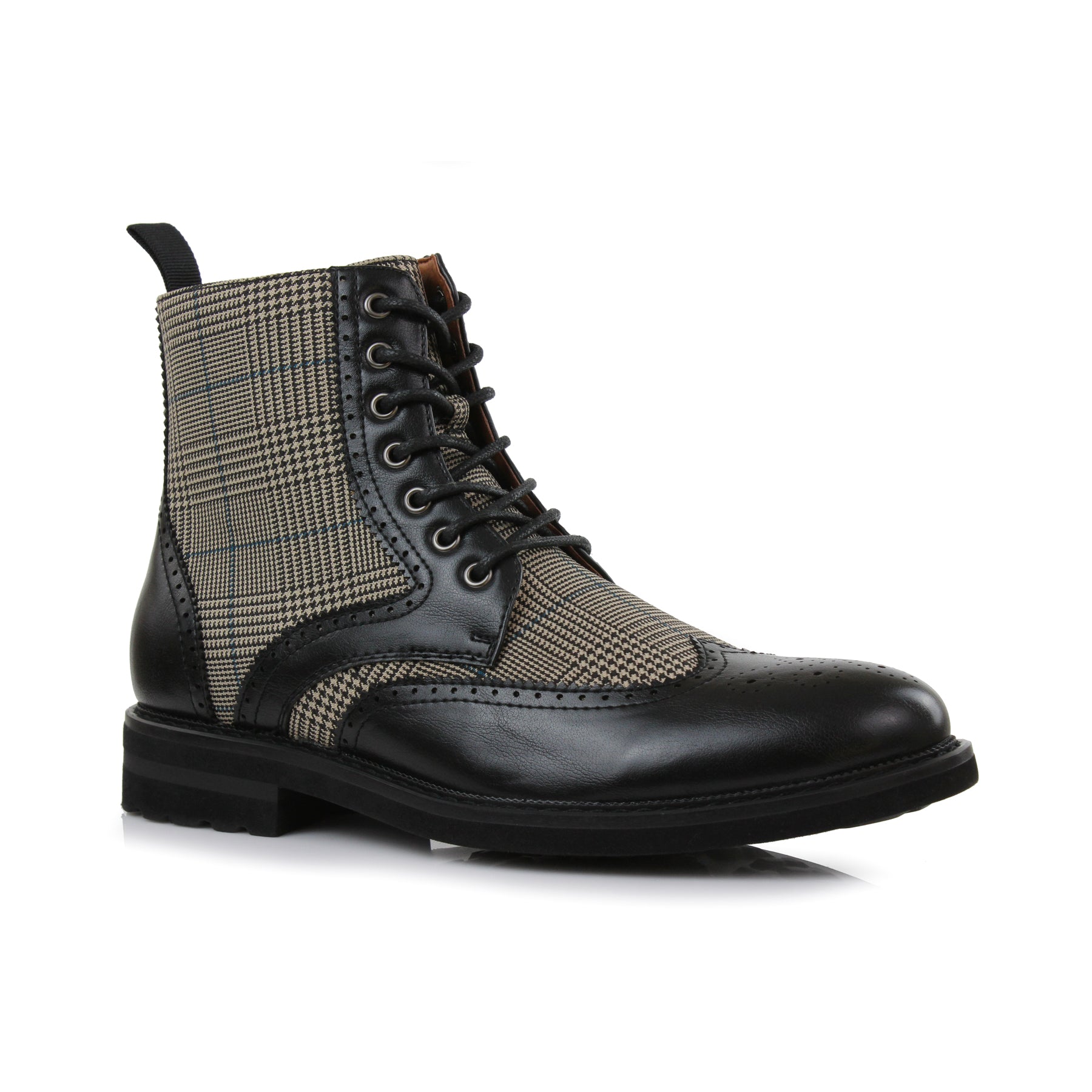 Men s Plaid Wingtip Boots Manchester in Black Vegan Leather Boots